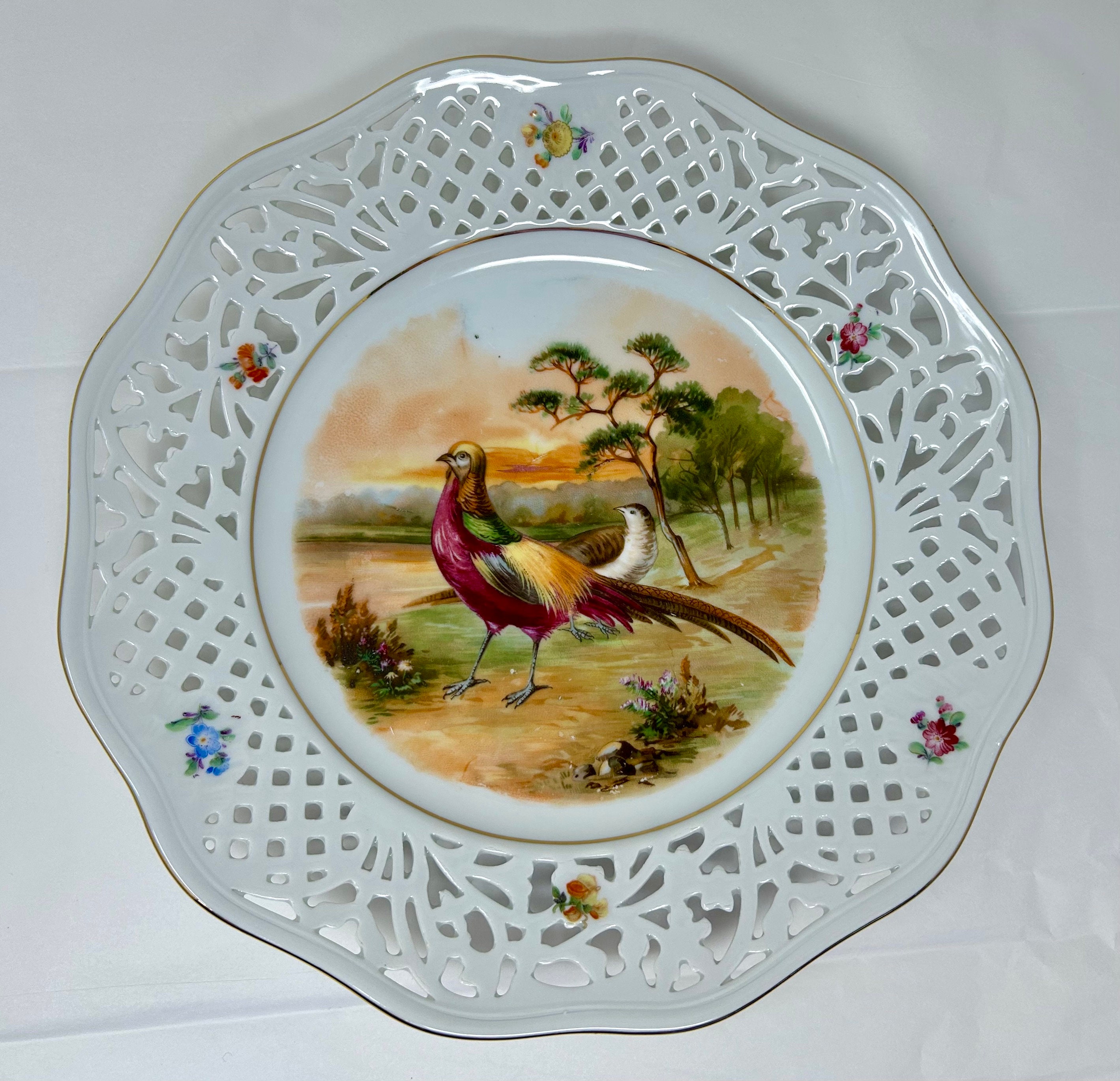 ドイツアンティーク　手描プレート ヴィンテージ バイエルン ドイツ 網目模様 磁器 手描き プレート キジ