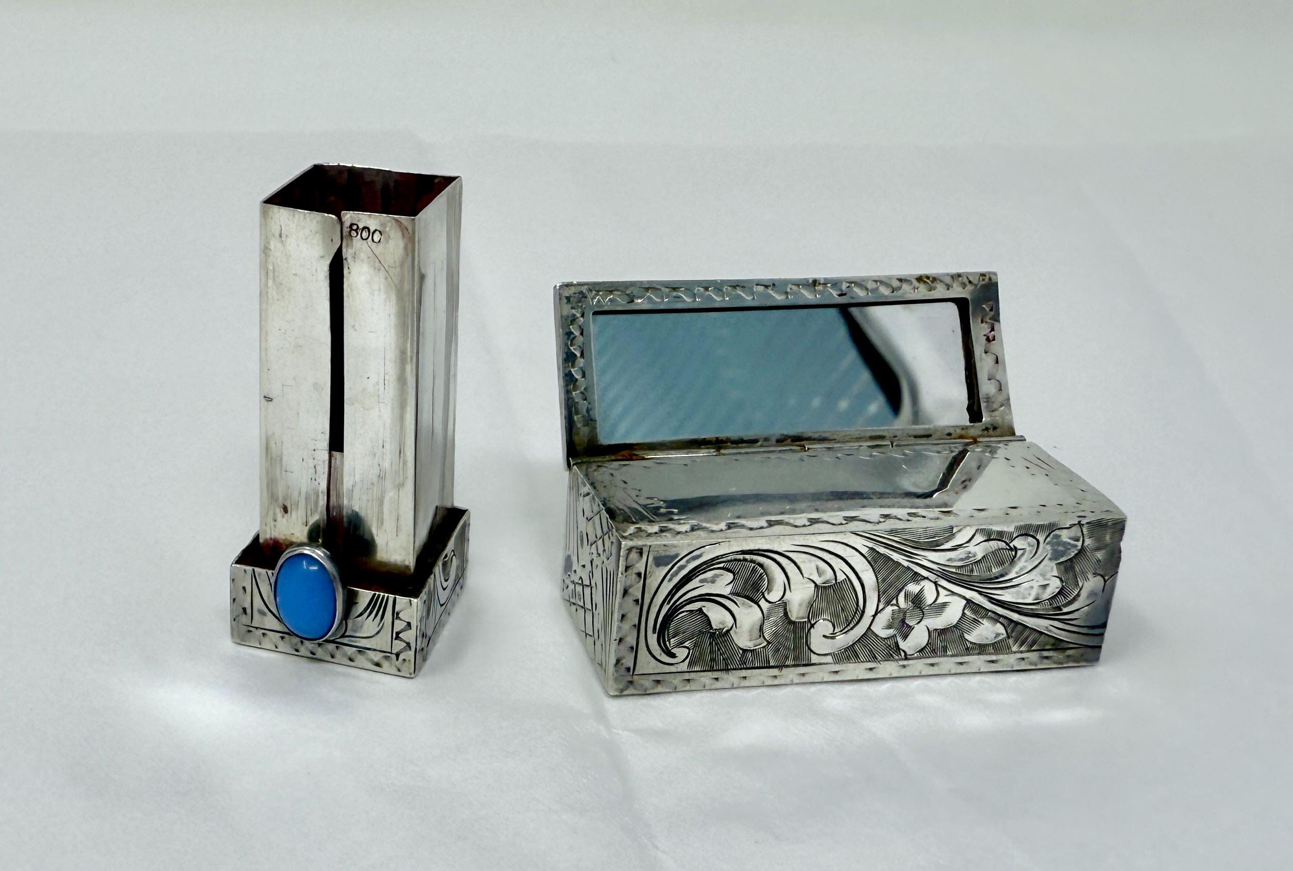Vintage 800 Silver Engraved Lipstick Case W/ Mirror & Blue