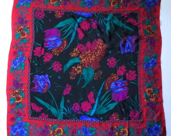 vintage large Liz Claiborne silk square scarf floral flowers red wrap