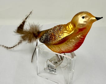 Vintage Käthe Wohlfahrt Glass Bird Ornament Germany Long Feather Tail Clip-On Rothenburg