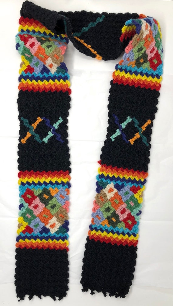 vintage wool crochet scarf rainbow flowers rectang