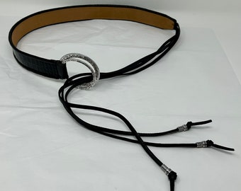 Vintage Brighton zwarte leren riem – zilveren ringgesp met kwastjes – stijl B30153, maat S/M