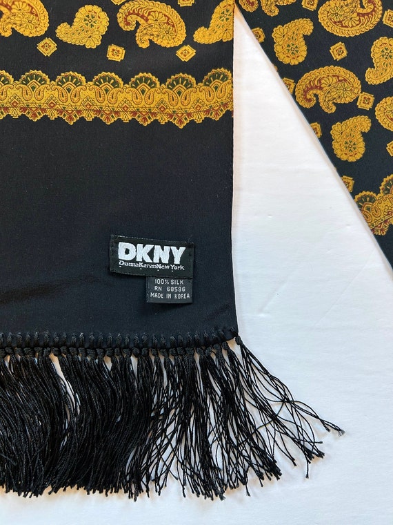 DKNY Rectangle Scarf Silk Fringe Gold Black Donna Karen - Etsy