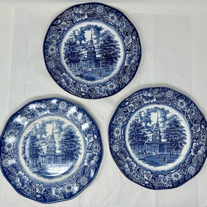 set of 3 Liberty Blue plates England Independence Hall white Ironstone 10&quot; dinner