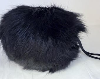 Vintage Genuine Black Fox Fur Muff Hand Warmer – Winter Evening Wrap Purse with Strap – Old Hollywood Glam adult size