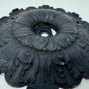Vintage Cast Iron Ceiling Canopy Medallion – Ornate Victorian Light Fixture Part – 7.5&quot; Black Painted baroque