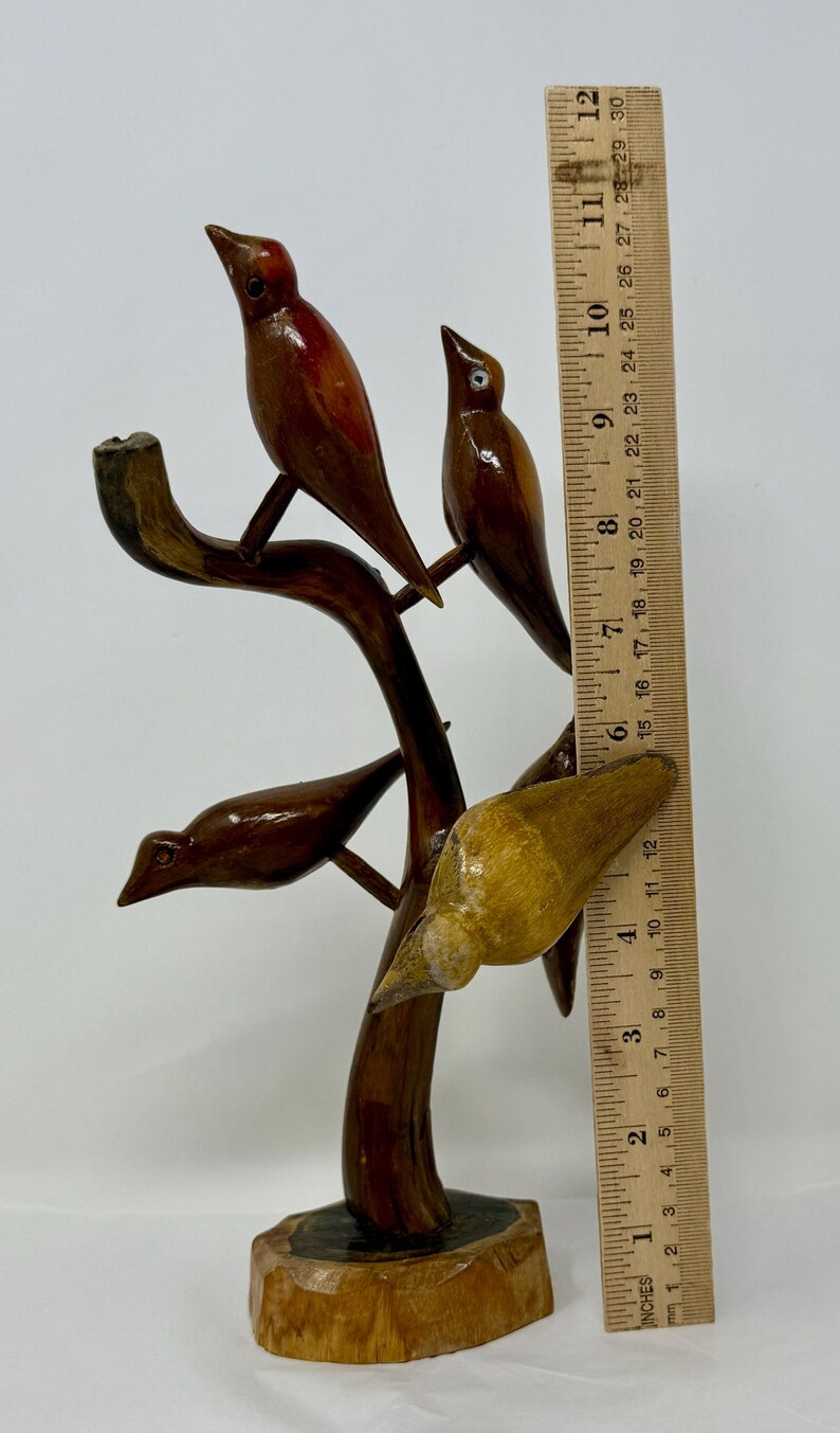 Mid Century Hand Carved Wooden Bird Sculpture, 4 Birds on Tree Branch ...