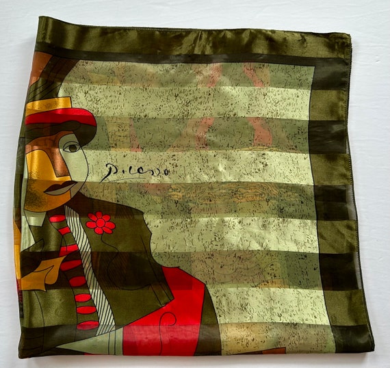Picasso scarf abstract polyester square green yel… - image 2