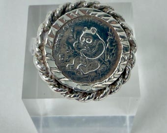 Sterling Silver Panda Bear Coin Ring Size 7 Vintage Rope Bezel Statement Ring