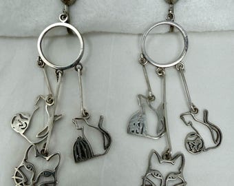 Pendientes vintage de plata de ley 925 con dije de gato, diseño de jaula de zorro y pájaro, con clip, estilo bohemio artesanal.