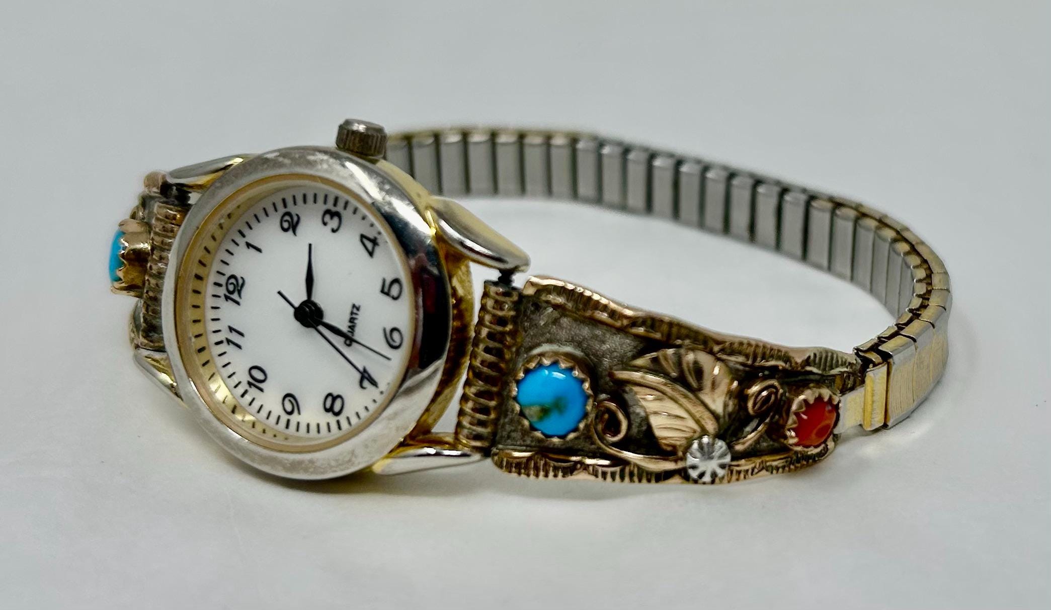 Vintage Gold Plated Flexible Band w/ Turquoise and Coral Stones Native American* 900-104_1.jpg?v=1671920853 main image 2