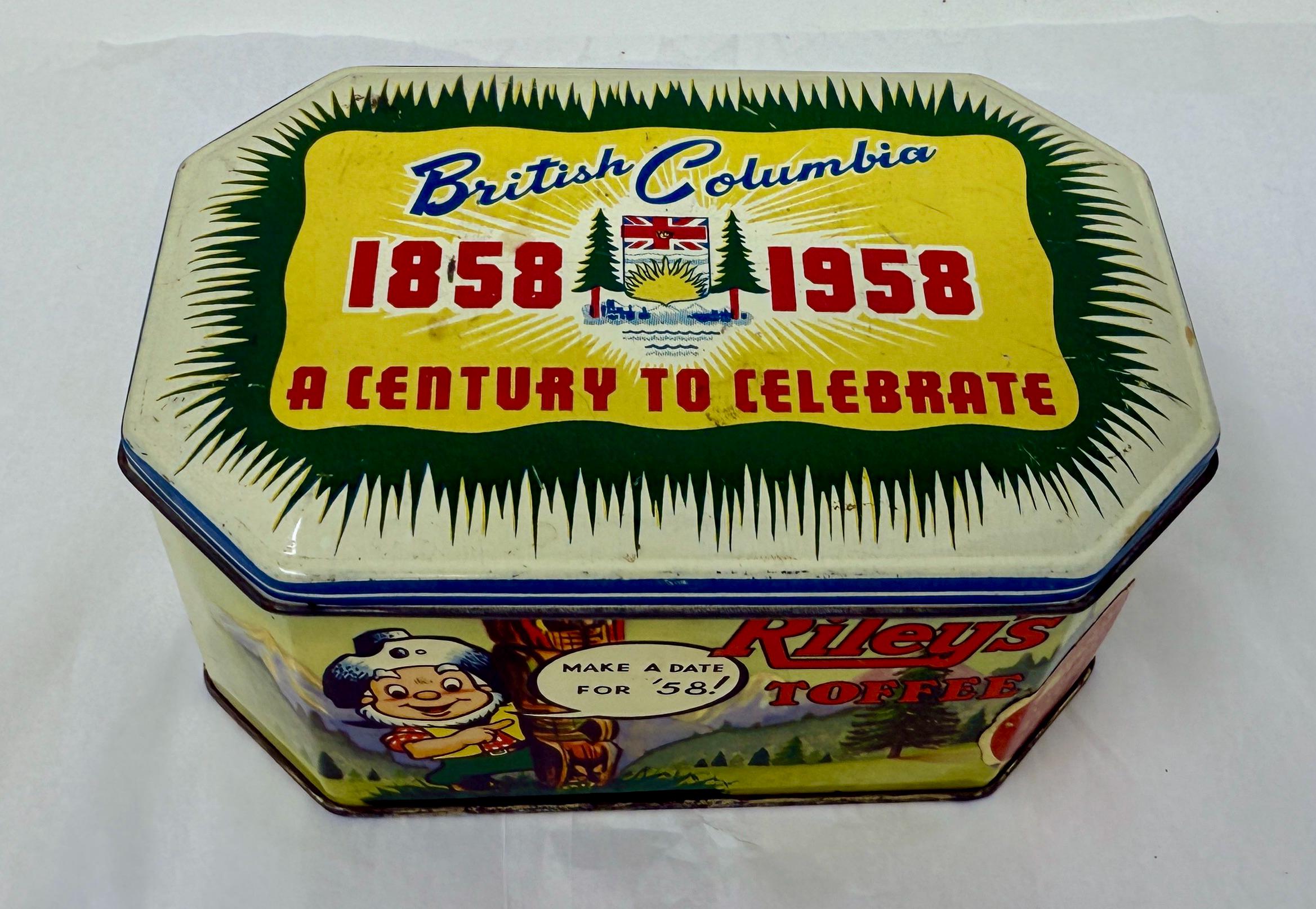 Vintage 1958 Riley's Toffee Tin – British Columbia Centennial 1858