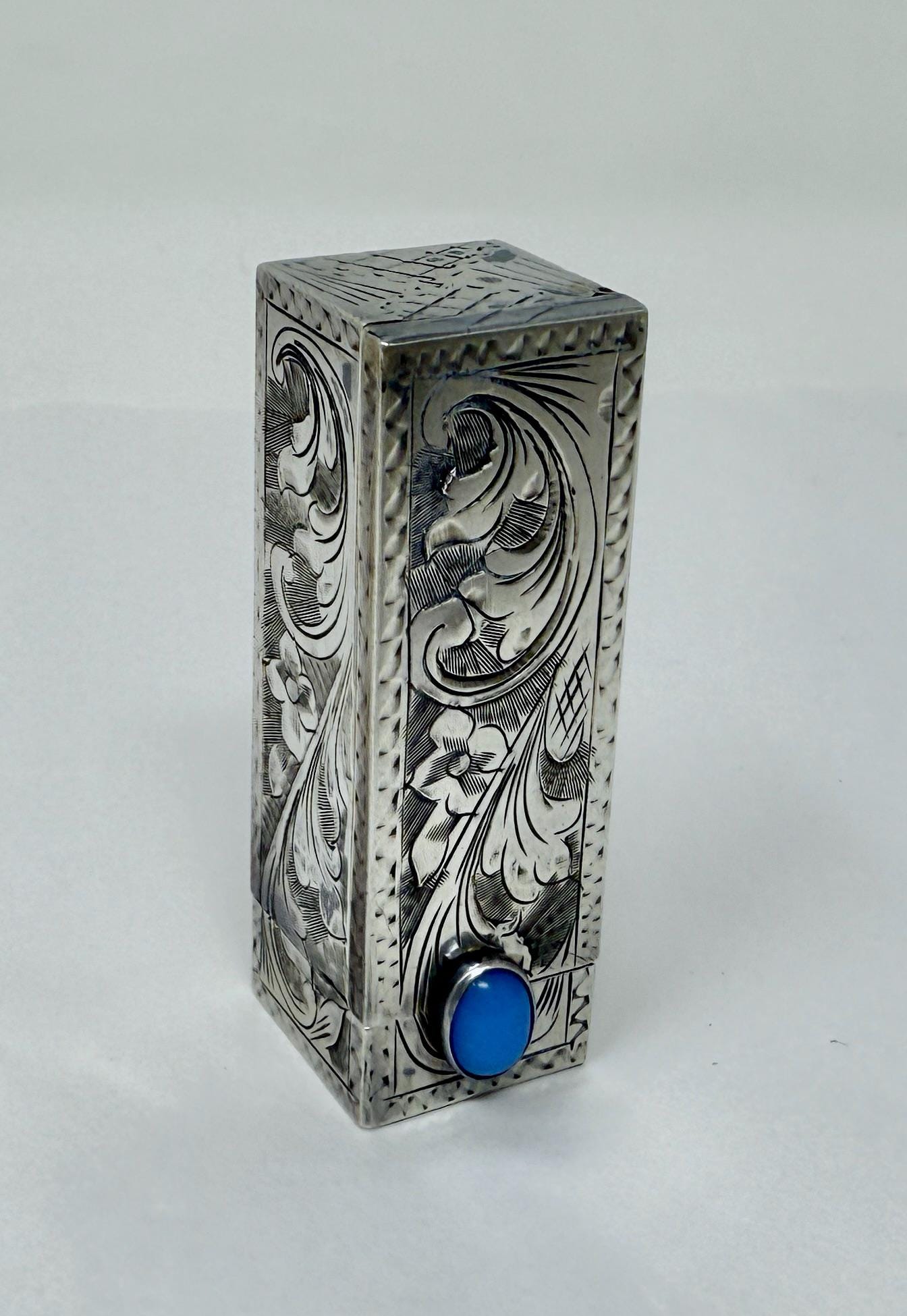 Vintage 800 Silver Engraved Lipstick Case W/ Mirror & Blue