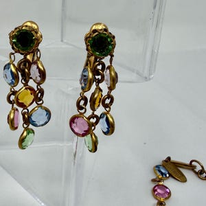 Vintage Miriam Haskell Necklace Earring Set Multicolor Glass Cabochon Gold Tone Signed Designer Jewelry