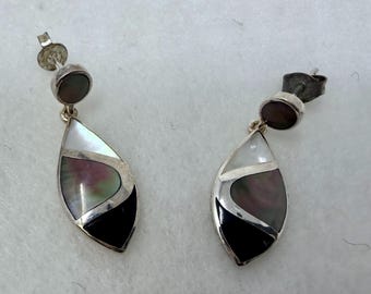 Pendientes colgantes de plata de ley con incrustaciones de concha de abulón, estilo modernista, de nácar y ónix 925, estilo artesanal, vintage.