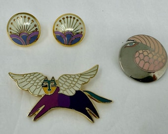 Laurel Burch Jewelry Vintage Earrings Brooch Cat Bird Enamel Gold Silver A B C