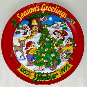 Puszka świąteczna Keebler Elves z 1993 r. – pudełko na ciasteczka świąteczne z drzewem i sceną elfów – kolekcjonerskie pozdrowienia świąteczne