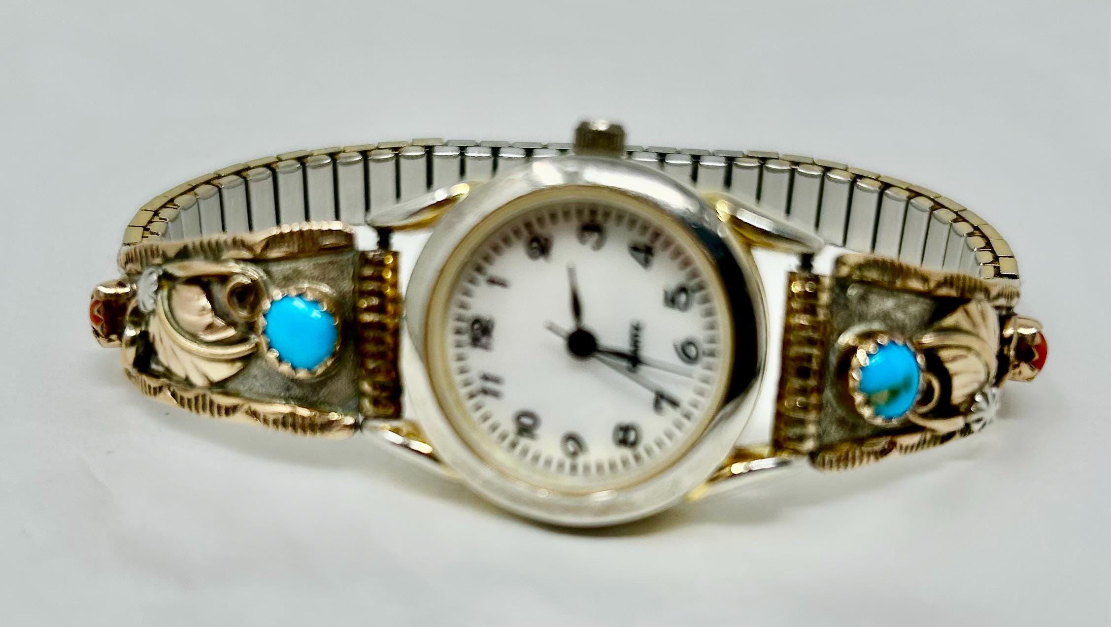 NAVAJO ナバホ 腕時計 ターコイズ Vintage ヴィンテージ Vintage Navajo Turquoise Coral Watch – Sterling Silver 12K Gold