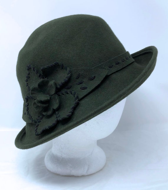 Chapeau Feutre De Laine Noir – Ruban Vert Et Rose – Style Fedora – Taille 7 3/8 – Fait Main USA