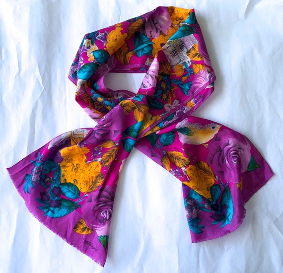 Worthington silk rectangle scarf floral birds pink - image 1