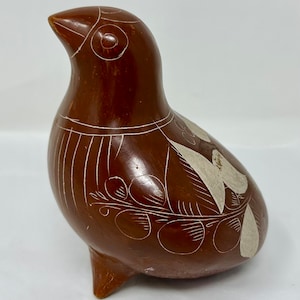 Vintage Mexican Pottery Dove Figurine by V. Silva – Tonalá Clay Bird with Etched Floral Design, Rustic Brown & Tan