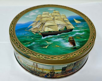 vintage tin metal Tall ships Silver Crane box Denmark round container 7.5"