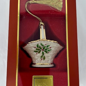 Vintage Lenox Porcelain Christmas Tree Ornament – Holly Basket with Gold Accents