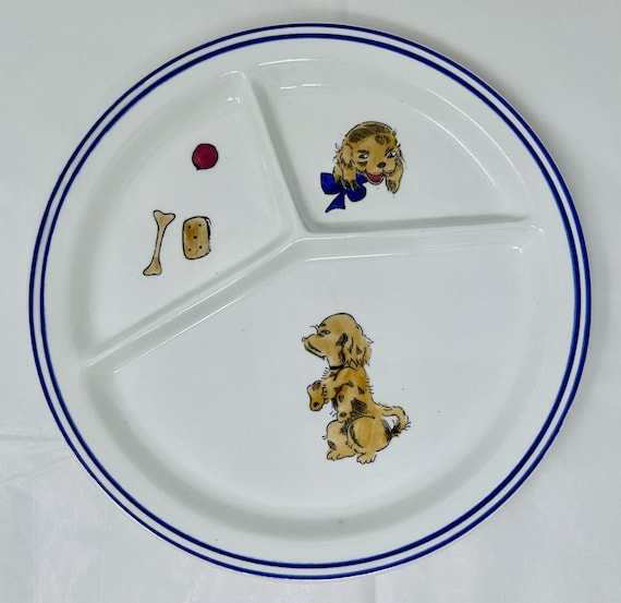 Vintage Japan Kinder-Geteilter Teller - Hündchen-Thema mit 3 Fächern - Kinder-Keramikteller - 1950er Jahre japanischer blauer Rand