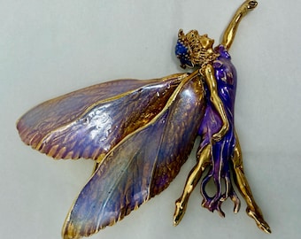Vintage Kirks Folly Fairy Brooch Signed Autumn Fairie Purple Iridescent Wings Large Statement Pin