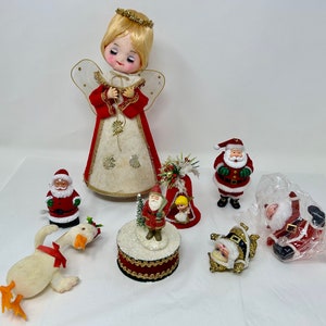 vintage lot of Christmas holiday musical angel laughing Santa felt 50&#39;s 60&#39;s ornaments music box figurine decor antique