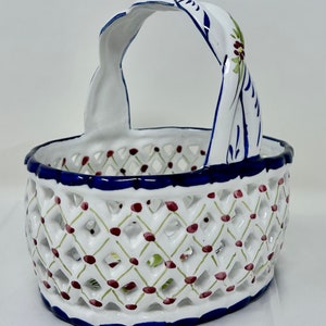 hand painted ceramic basket Holu Portugal floral flowers porcelain