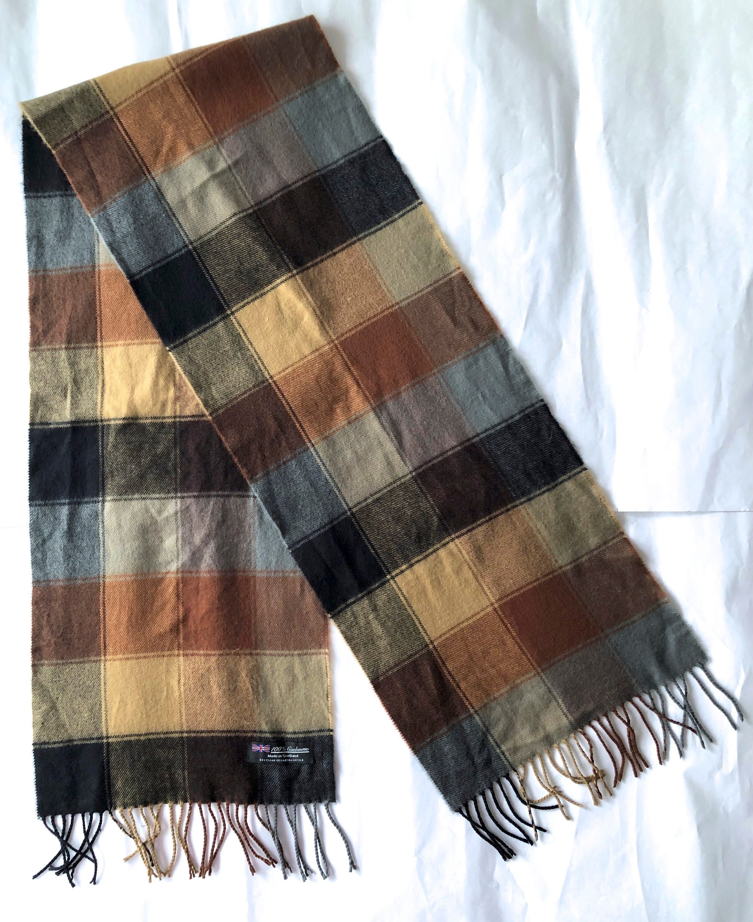 Écharpe 100% Cachemire D'Écosse - Fond Jaune Ocre Avec Carreaux Tartan - Neuve Avec étiquettes