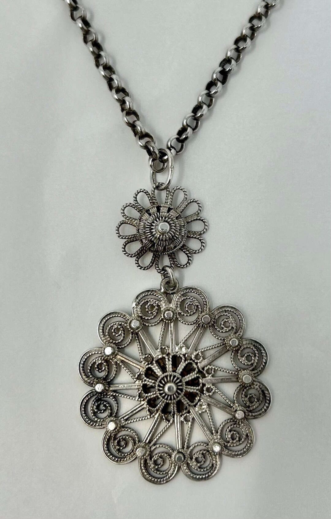 Vintage Sterling Silver Filigree Necklace and Pendant Lace Flower 24 ...