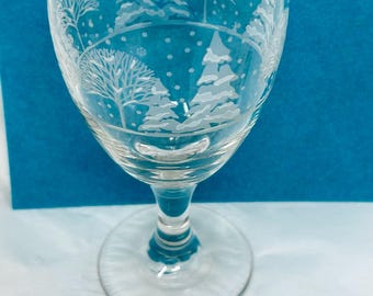 Set of 6 Vintage Libbey Water Goblets – Etched Trees & Snow Scene – Christmas Holiday Winter Glassware