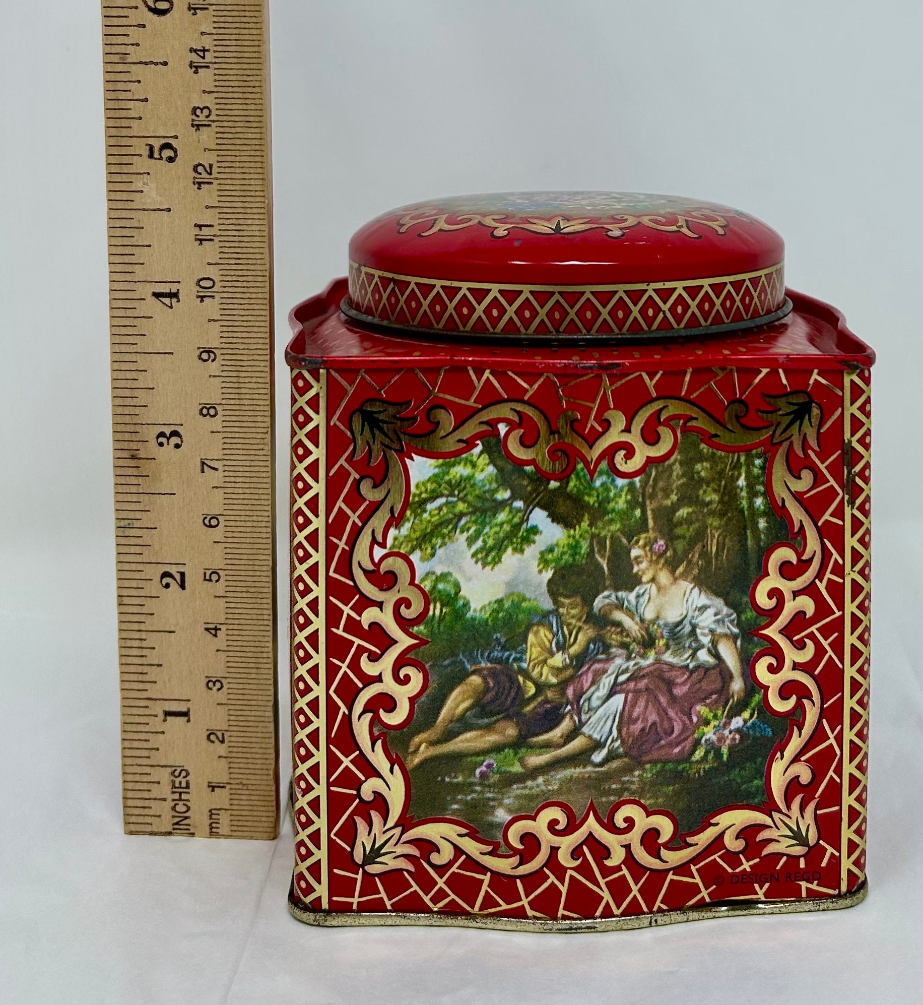 Vintage Daher Red Tea Tin – Victorian Courting Scene Metal Canister