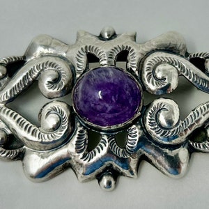 sterling amethyst pin brooch Mexico ornate etched 925 silver 3&quot; long