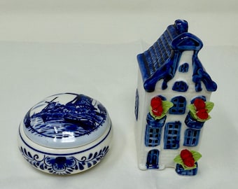 Vintage Delft Blue Windmill Trinket Box & Dutch House Candle Holder Set