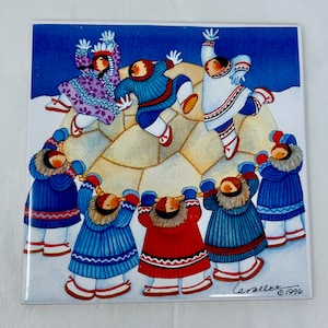 Barbra Lavalee signed tile trivet ceramic Eskimo inuit 6" x 6" square