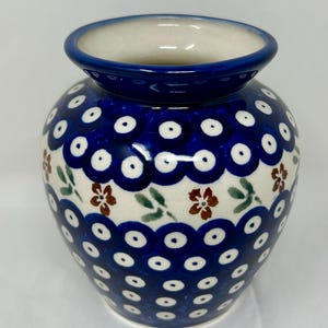Boleslawiec hand painted Poland vase blue dots floral 5&quot;