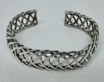 Mexico 925 Sterling Silver Cuff Bracelet Woven Openwork Statement Bracelet Vintage Taxco Style
