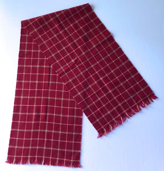 vintage 100% wool scarf windowpane plaid red tan … - image 4