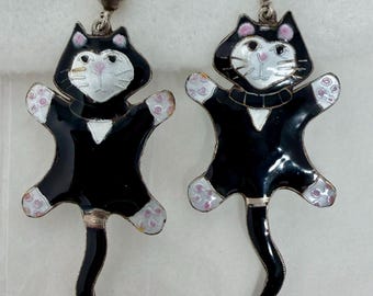 Pendientes vintage de gato con esmalte negro en plata de ley 925, pendientes articulados de clip con forma de gatito esmoquin, joyería animal caprichosa de los años 50