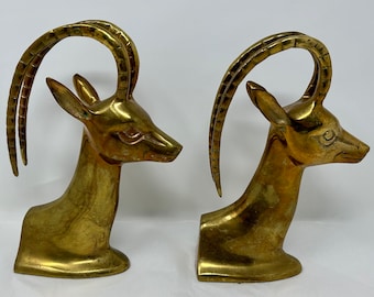 2 Vintage Hollywood Regency Buchstützen aus Massivem Messing Steinbock Antilope Gazelle