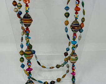 Ugandan Paper Bead wood Necklace • Handmade Recycled Jewelry • Boho Eco Layering or Statement Piece - folk art