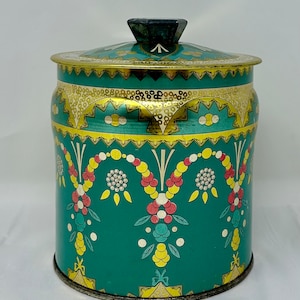 vintage English England tin container box metal teal green gold antique biscuit Lithographed barrel