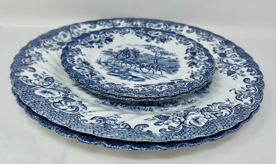 4 Johnson Brothers Hanley Blue White Dinner Salad Plates Ironstone