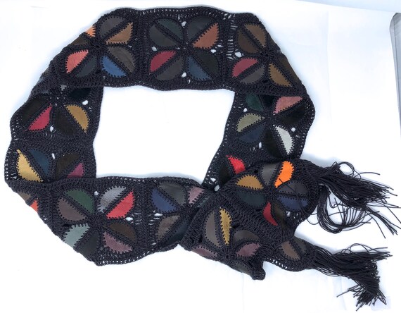 Vintage Sash Belt Leather Macrame Crochet 70 display picture 3
