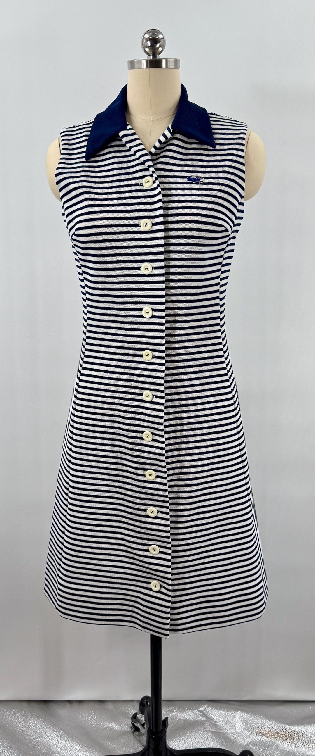 1970s Chemise Lacoste by Izod Dress – Navy White Stripe Sleeveless