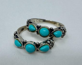 set of 2 Sterling Silver Turquoise Rings • CI 925 Boho Southwestern Ring • Stacking Turquoise Cabochon Band •  - both size 6