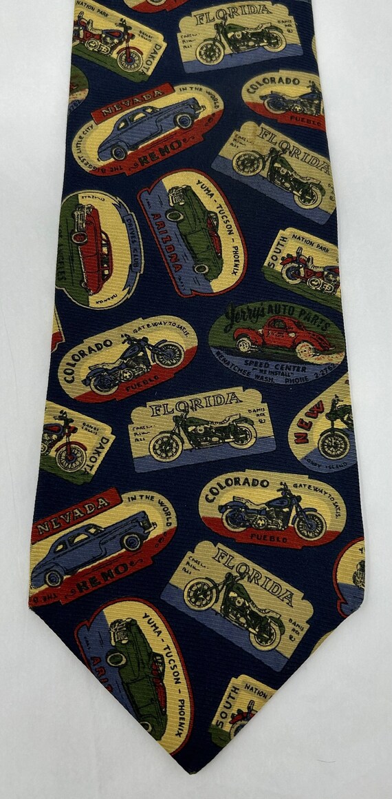 Faconnable silk tie blue vintage cars motorcycles 